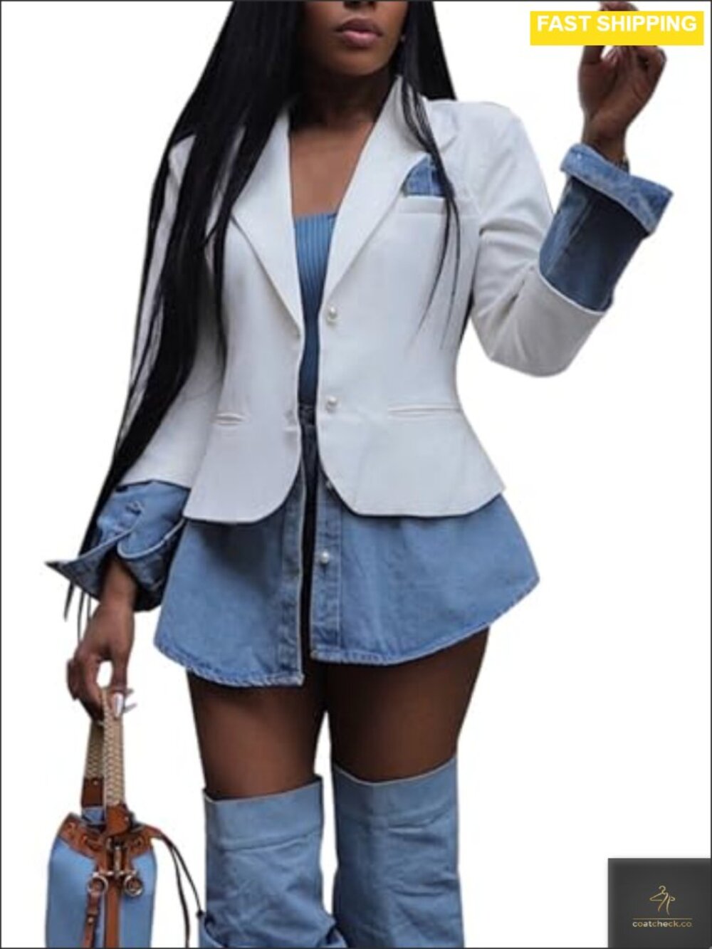Women's Slim Fit Patchwork Denim Blazer Business Casual Suit Jacket